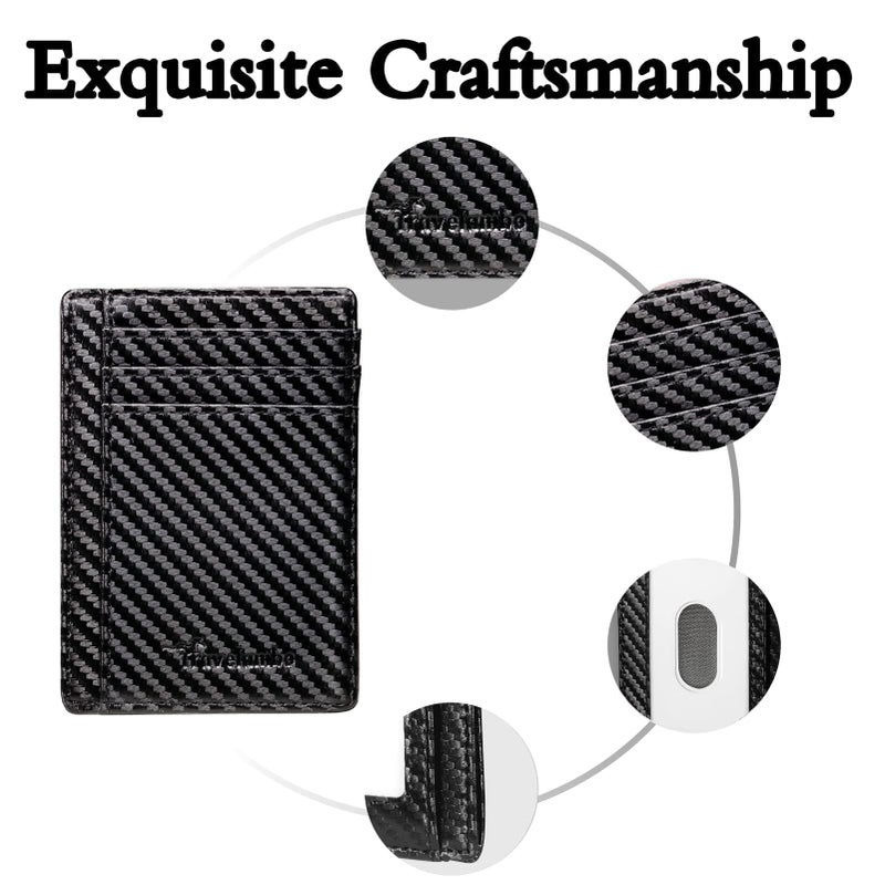 Travelambo Front Pocket Minimalist Leather Slim Wallet RFID Blocking Carbon Fiber Texture(Navy Blue) - Image 4