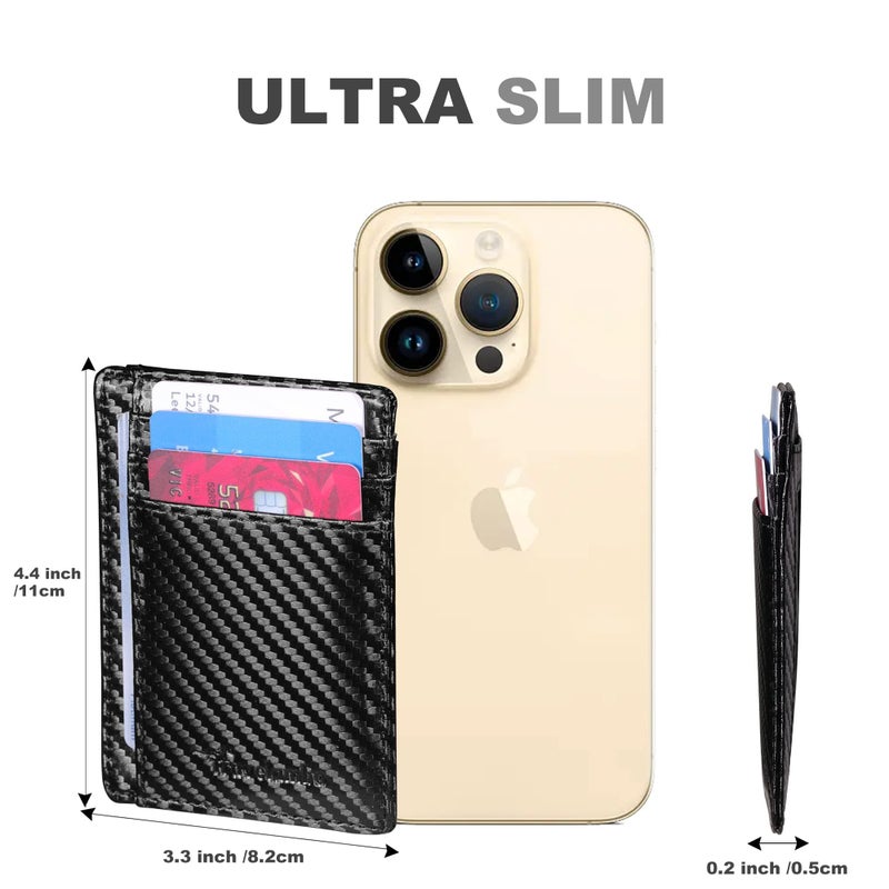 Travelambo Front Pocket Minimalist Leather Slim Wallet RFID Blocking Carbon Fiber Texture(Navy Blue) - Image 2