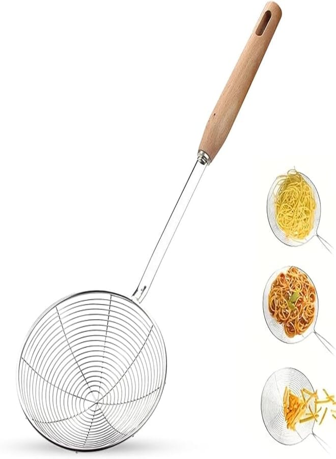 AEX Spider Strainer Wire Skimmer Ladle Pasta Strainer Slotted Spoon Stainless Steel Kitchen Cooking Utensils Strainer with Wooden Handle (6.3 inch)