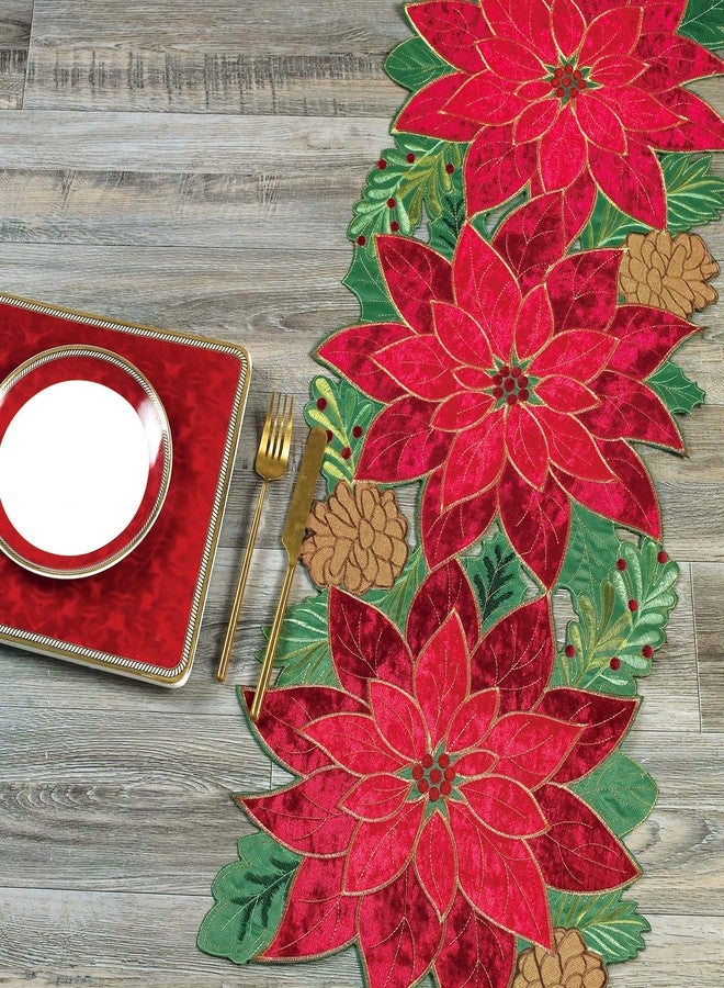 KEVA Holiday Christmas Table Runner, Embroidered Velvet Cutwork Poinsettia Red Table Runner, Christmas Decorations for Home and Kitchen, Poinsettia Table Decorations 13 Inch x 36Inch Long - Image 3