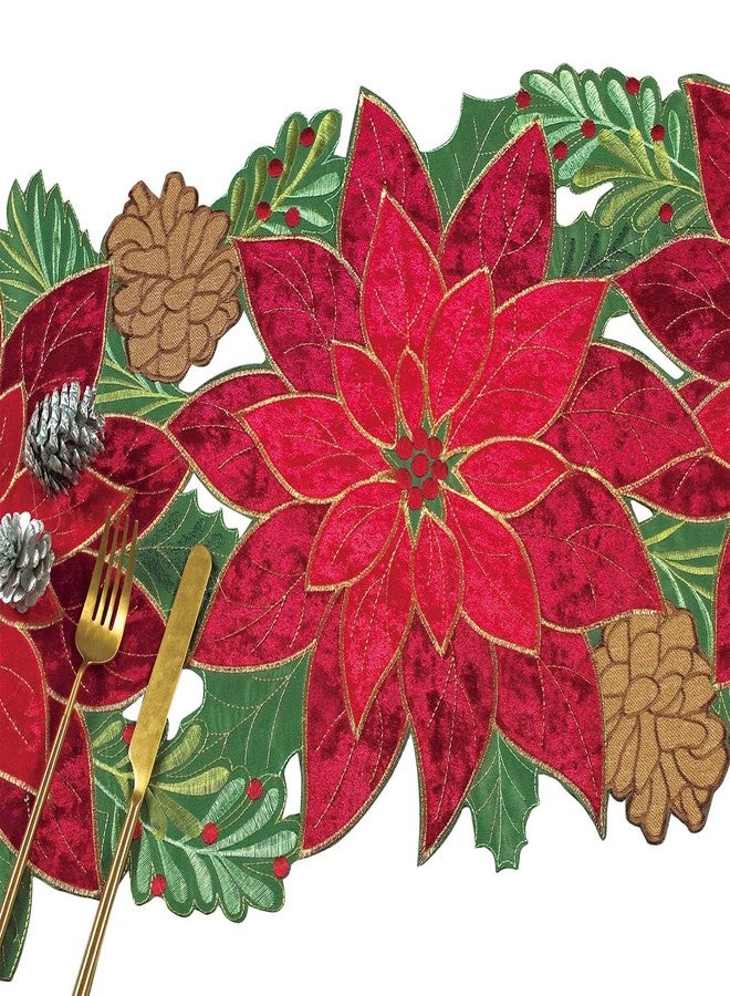 KEVA Holiday Christmas Table Runner, Embroidered Velvet Cutwork Poinsettia Red Table Runner, Christmas Decorations for Home and Kitchen, Poinsettia Table Decorations 13 Inch x 36Inch Long - Image 5