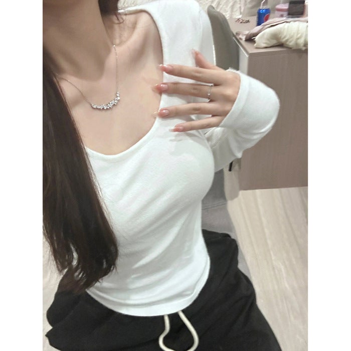 Pure Desire Long-sleeved T-shirt Womens Autumn and Winter Interior Fleece Base Shirt Slim-fit Slimming Scrub Top 2024 New White - Image 1