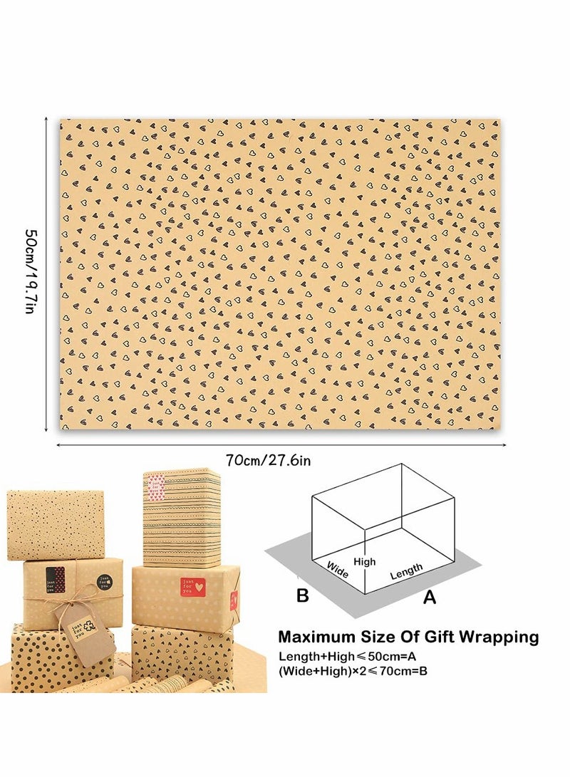KASTWAVE Birthday Wrapping Paper, Kraft Brown Recycled Gift 20x28 inch, 12 Sheets Dot Stripe Heart with String Sticker Tag for Women Men Girl Boy, with Jute Strings, Stickers and Tags - Image 3