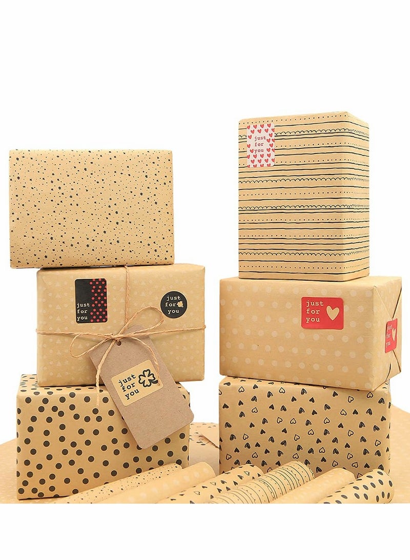 KASTWAVE Birthday Wrapping Paper, Kraft Brown Recycled Gift 20x28 inch, 12 Sheets Dot Stripe Heart with String Sticker Tag for Women Men Girl Boy, with Jute Strings, Stickers and Tags - Image 1