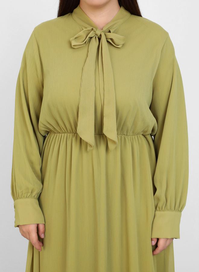 Modanisa Plus Olive Tie-Up Neck Maxi Dress - Image 3