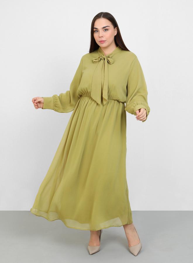 Modanisa Plus Olive Tie-Up Neck Maxi Dress - Image 1