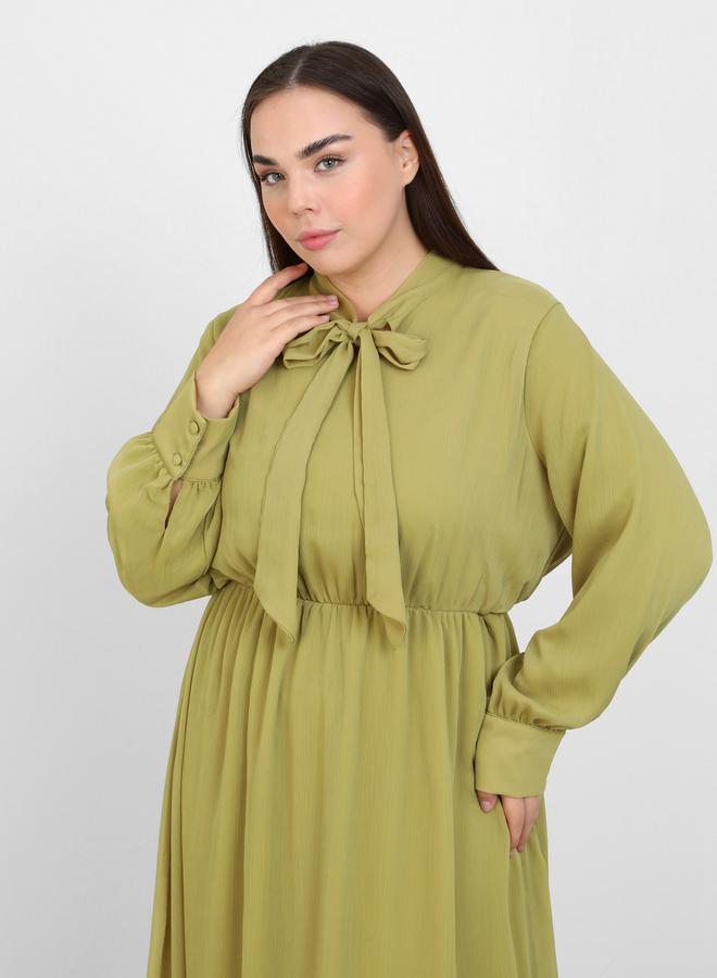 Modanisa Plus Olive Tie-Up Neck Maxi Dress - Image 2