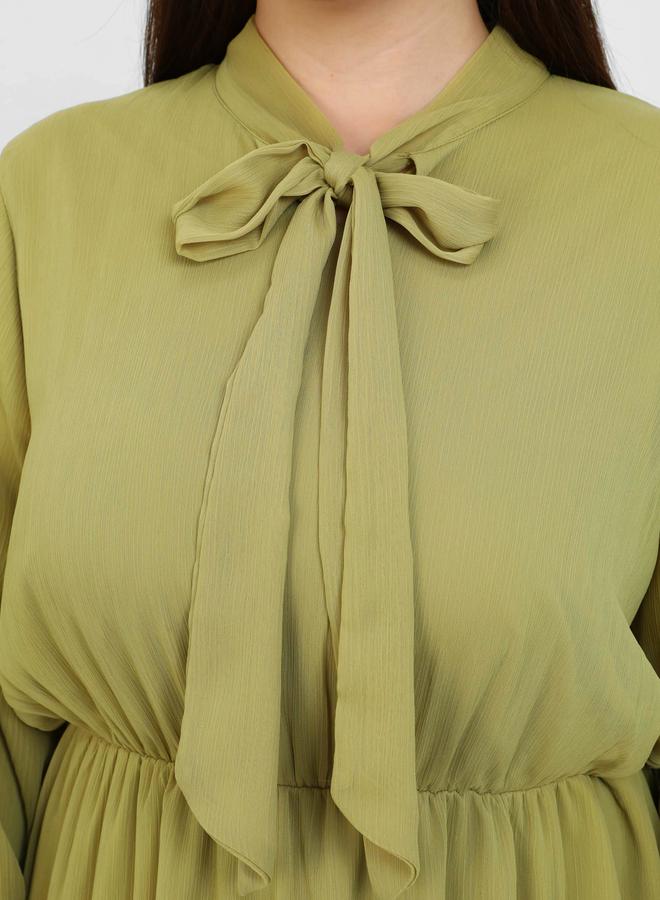 Modanisa Plus Olive Tie-Up Neck Maxi Dress - Image 4