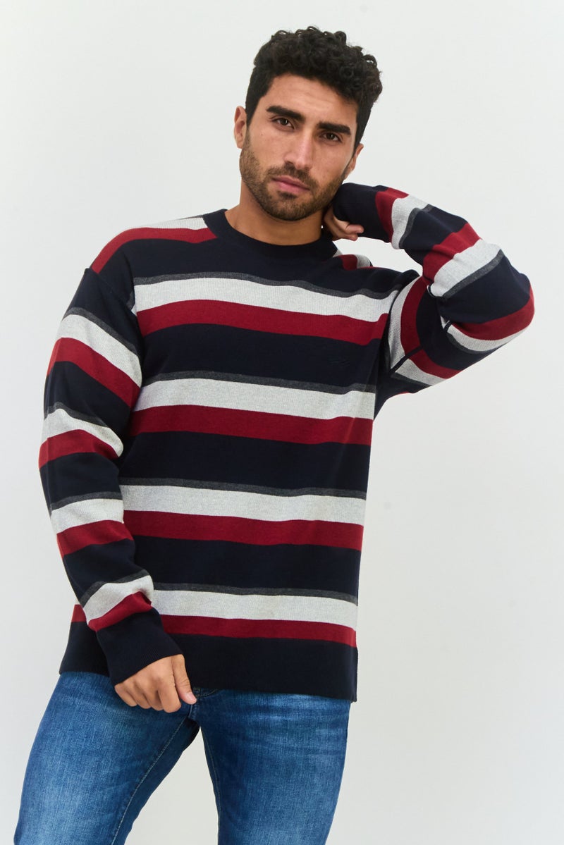 PERRY ELLIS سويت شيرت رجالي بياقة دائرية مخطط، أزرق داكن - Image 1