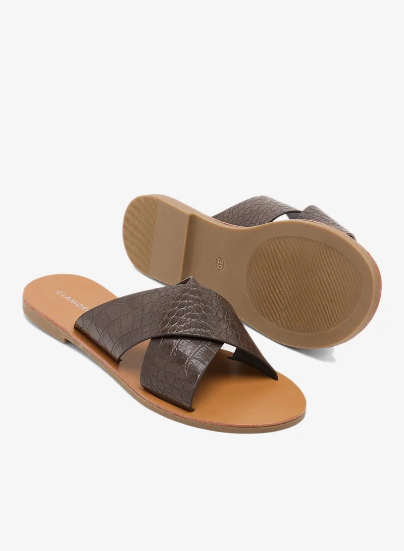 GLAMOROUS BROWN CROC Casual Cross Strap Flat Sandals for Women | Best Price UAE