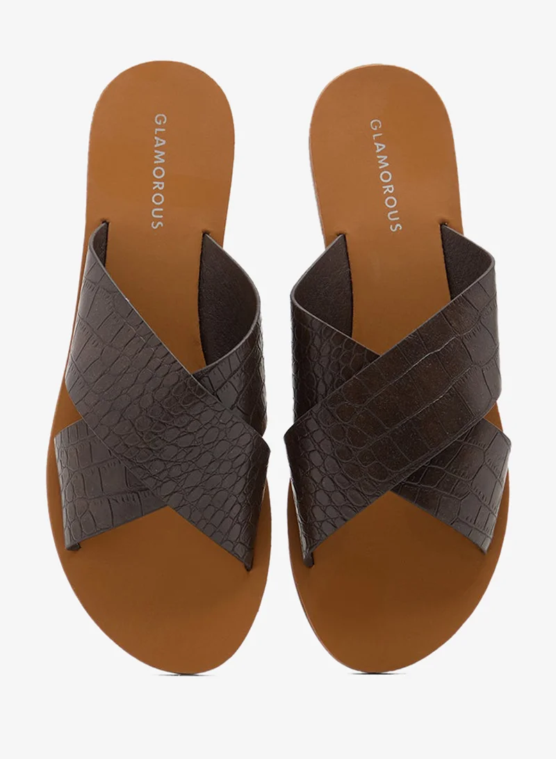 GLAMOROUS BROWN CROC Casual Cross Strap Flat Sandals for Women | Best Price UAE