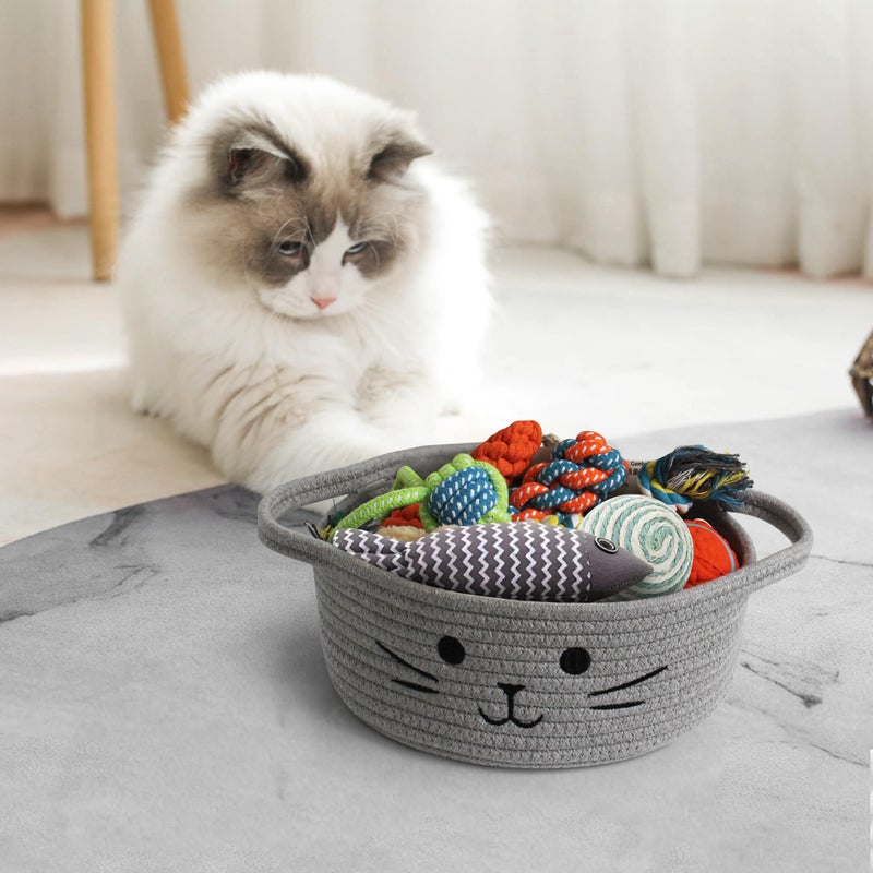 WILLITAT Small Cat Toy Basket, 10â€x10â€x4â€ Gray Cotton Rope Storage Bin with Handles, Woven Cat Organizer Box for Indoor Pets, Cute Kitty Easter Basket Gifts Empty, Living Room Nursery Decor - Image 4