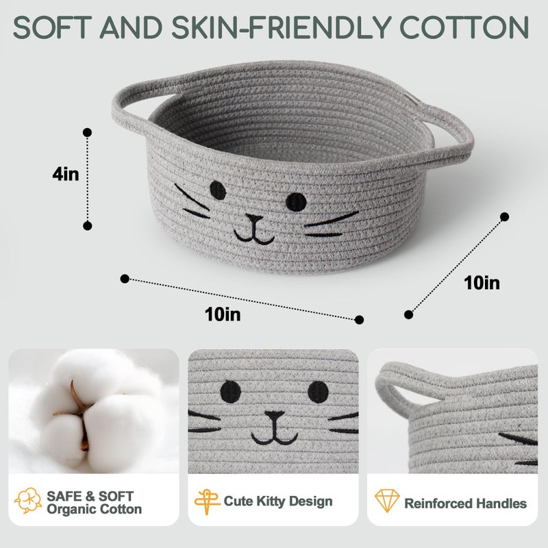 WILLITAT Small Cat Toy Basket, 10â€x10â€x4â€ Gray Cotton Rope Storage Bin with Handles, Woven Cat Organizer Box for Indoor Pets, Cute Kitty Easter Basket Gifts Empty, Living Room Nursery Decor - Image 2