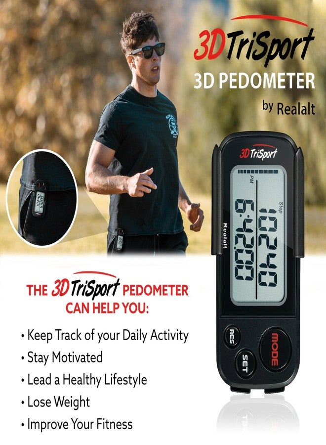 Realalt 3DTriSport Walking 3D Pedometer with Clip and Strap, Free eBook | 30 Days Memory, Accurate Step Counter, Walking Distance Miles/Km, Calorie Counter (Holdable, Stealth Black) - Image 3