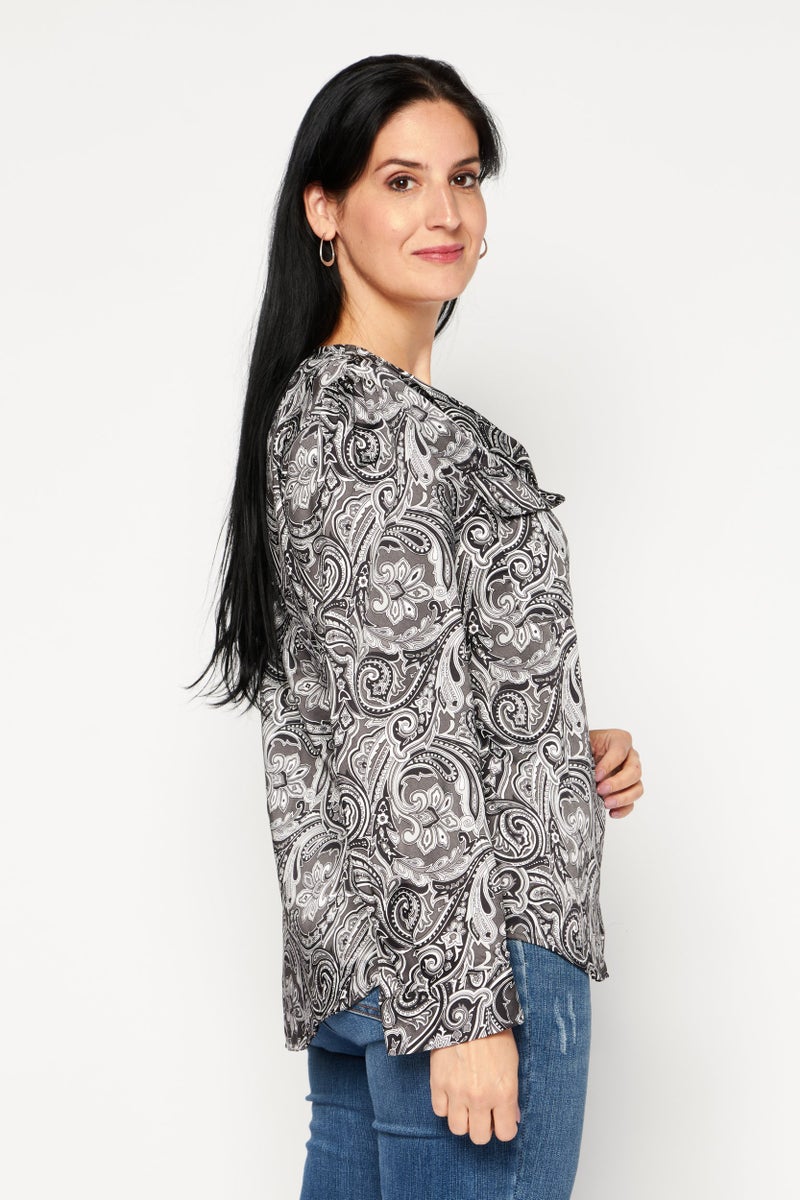 Jones New York Women V Neck Long Sleeve Allover Print, Black - Image 3