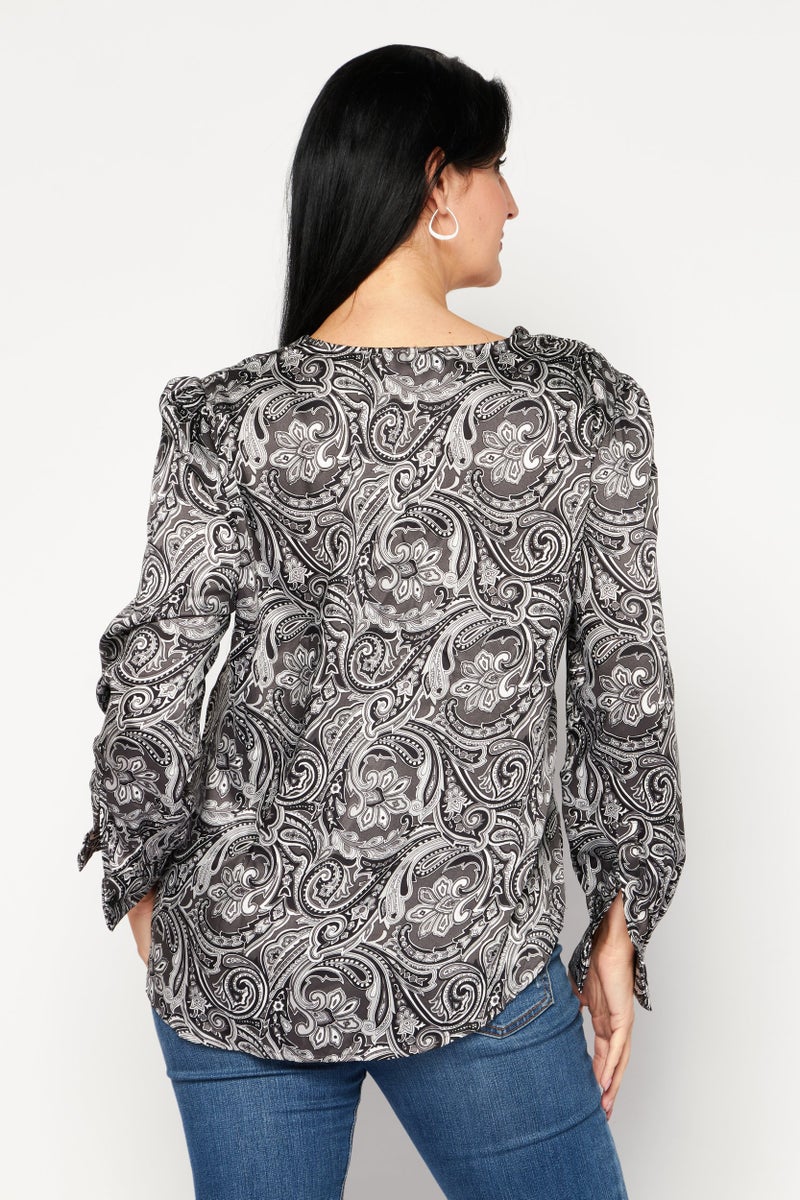 Jones New York Women V Neck Long Sleeve Allover Print, Black - Image 2