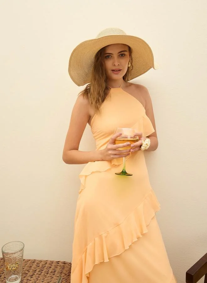 SASSAFRAS Sassafras Peach Solid Frill Halter Neck Midi Dress