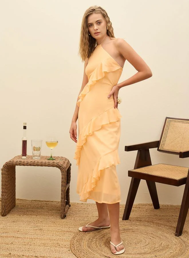 SASSAFRAS Sassafras Peach Solid Frill Halter Neck Midi Dress