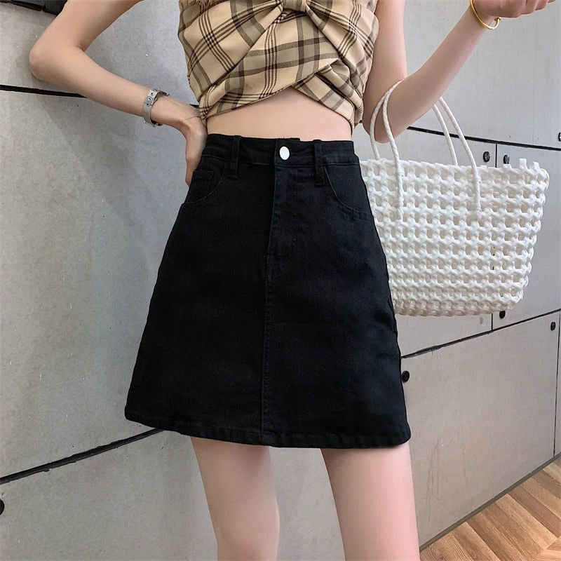 Black Grey Denim Skirt Women'S Summer 2022 New High Waist Thin A- Line Skirt For Small Men Hip Skirt Ins Trendy - Image 1