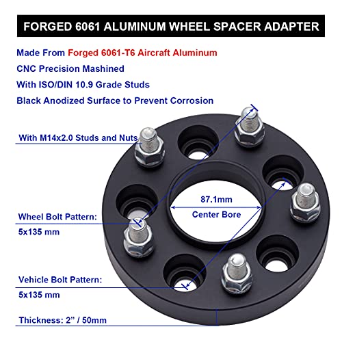 VLAOSCHI Black Forged 5x135 Hubcentric Wheel Spacers 2 Inch with 14x2 Studs Compatible with Ford Lin-coln 5 Lug for 1997-2003 F150 | 1997-2002 Expedition | 1998-2002 Navigator - Pack of 4 - Image 5