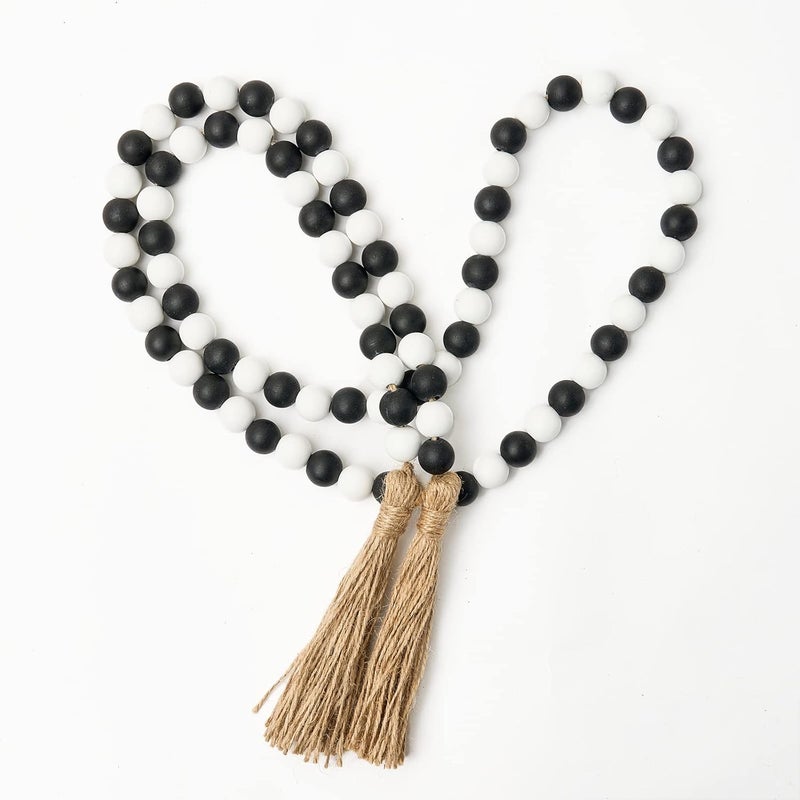 OMISHE 59in Wood Bead Garland with Tassels, Wooden Decorative Beads for Wall and Tabletop, Farmhouse Beads Garland for Home Decor, Black and White - Image 1