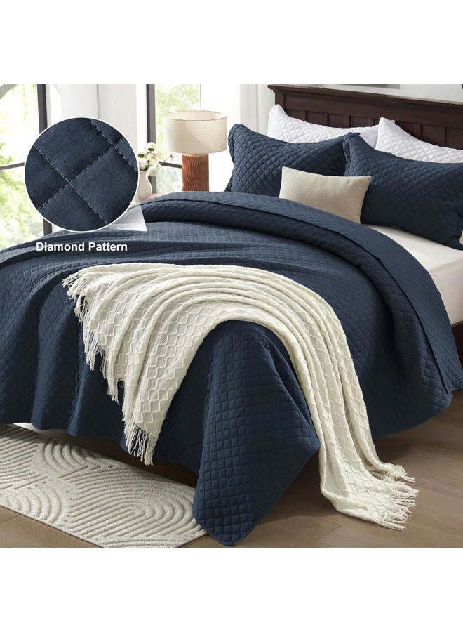 SunStyle Home Queen Quilt Bedding Set Navy, Lightweight Summer Bedspread Blanket Full Queen Size Quilt, Luxury Durable Quilted Stitching Coverlet with 2 Pillow Shams Diamond Pattern All Seasons 3pcs - Image 2