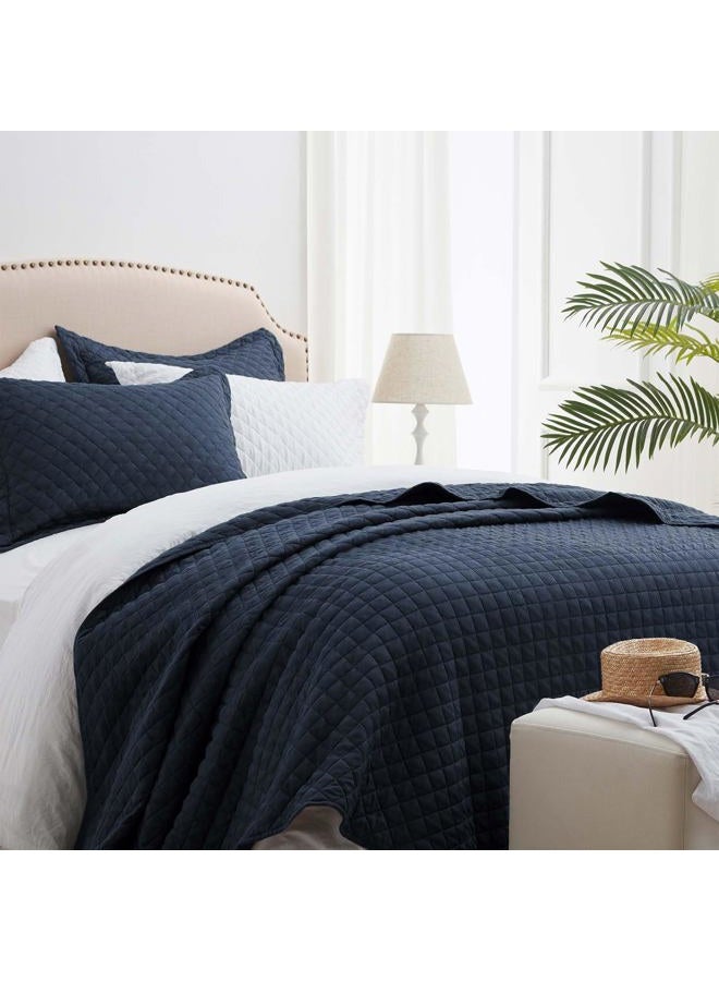 SunStyle Home Queen Quilt Bedding Set Navy, Lightweight Summer Bedspread Blanket Full Queen Size Quilt, Luxury Durable Quilted Stitching Coverlet with 2 Pillow Shams Diamond Pattern All Seasons 3pcs - Image 1