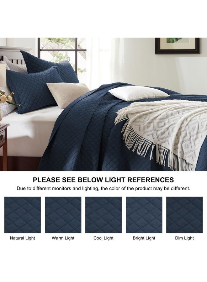 SunStyle Home Queen Quilt Bedding Set Navy, Lightweight Summer Bedspread Blanket Full Queen Size Quilt, Luxury Durable Quilted Stitching Coverlet with 2 Pillow Shams Diamond Pattern All Seasons 3pcs - Image 5