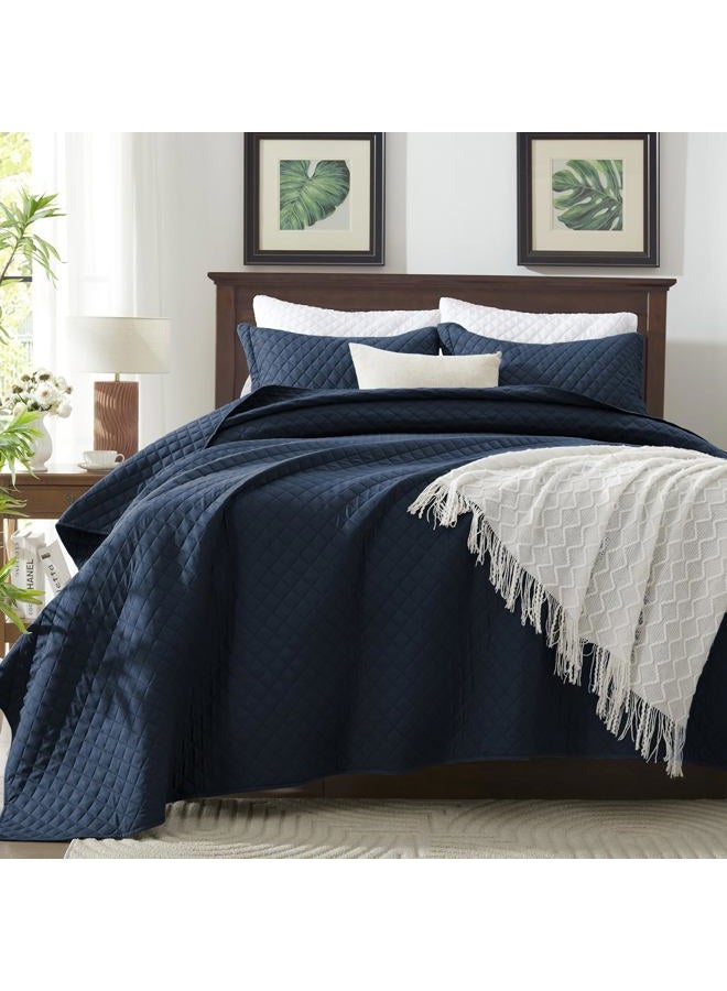 SunStyle Home Queen Quilt Bedding Set Navy, Lightweight Summer Bedspread Blanket Full Queen Size Quilt, Luxury Durable Quilted Stitching Coverlet with 2 Pillow Shams Diamond Pattern All Seasons 3pcs - Image 3