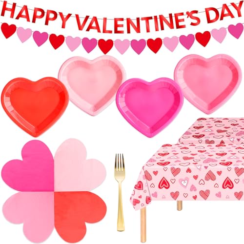 Cheery Land 76PCS Valentines Day Heart Decorations, Heart Shaped Paper Plates and Napkins Party Supplies, Disposable Pink and Red Party Plates for Valentines Day Decor, Serves 24 - Image 1