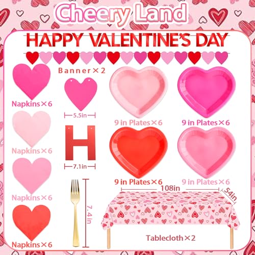 Cheery Land 76PCS Valentines Day Heart Decorations, Heart Shaped Paper Plates and Napkins Party Supplies, Disposable Pink and Red Party Plates for Valentines Day Decor, Serves 24 - Image 2