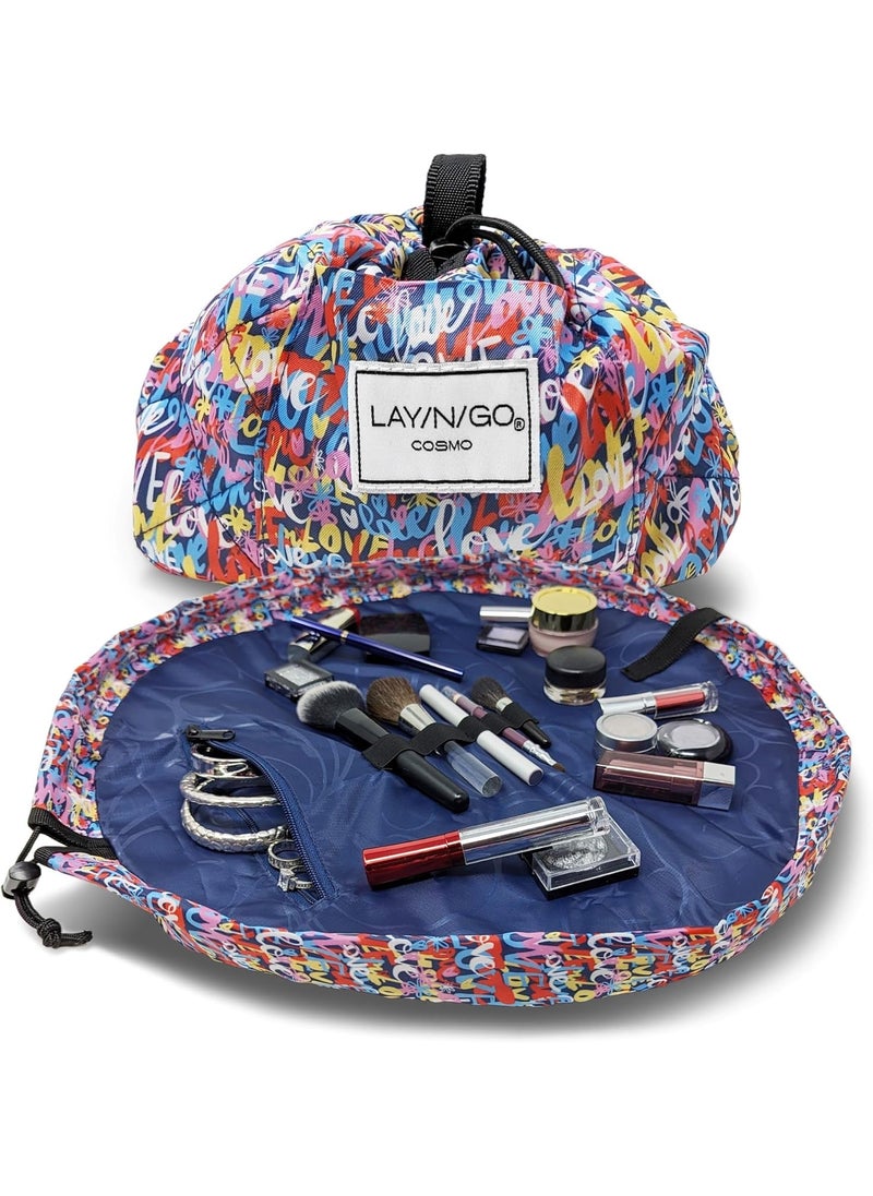 Lay-n-Go Lay-n-Go Cosmo Drawstring Cosmetic Organizer - Portable Makeup Bag w/Zipper Pocket, Loops & More - Durable, Machine Washable for Travel (20', Love) 