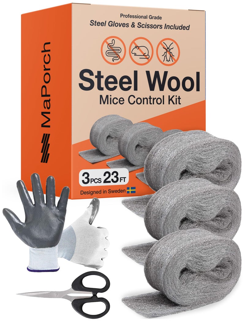 MaPorch Steel Wool Mouse Hole Filler - 3 Pack, 2.5" x 7.5 ft - Metal Mesh Gap Filler for Walls & Pipes - DIY Kit with Gloves & Scissors - Mouse Prevention Rat Wire Mesh - Image 1