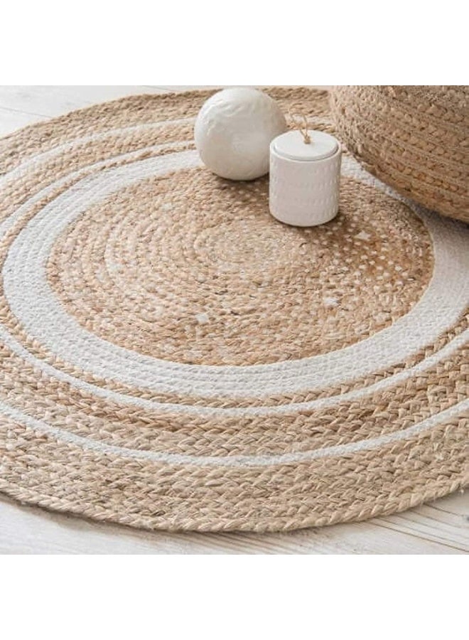 LINGWEI Handwoven Jute Round Rug With White Line 120cm - Image 3