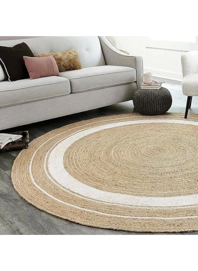 LINGWEI Handwoven Jute Round Rug With White Line 120cm - Image 5