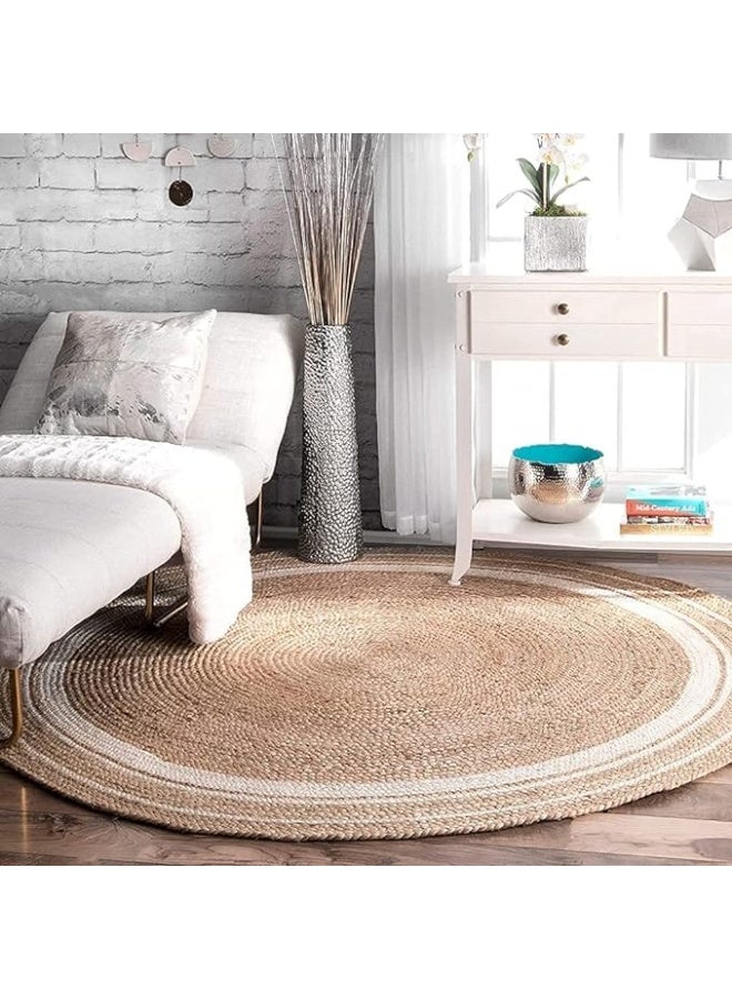 LINGWEI Handwoven Jute Round Rug With White Line 120cm - Image 4