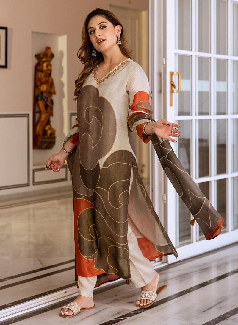ISHIN Women's Grey 100% Cotton Printed Straight Fit Kurta Set  - Image 5