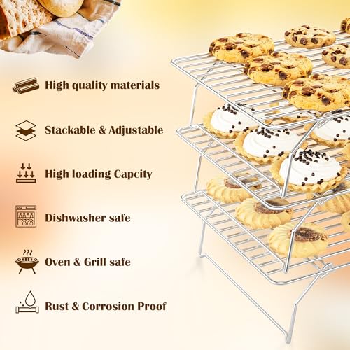 Qukaka 3 Tier Stackable Cooling Rack for Batch Cooling Cookie, Pizza, Cake-15.8”x 10”- Heavy Duty Cooling Racks for Cooking and Baking, Oven and Dishwasher Safe Baking Supplies-Silver - Image 2