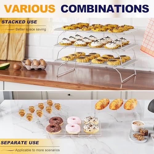 Qukaka 3 Tier Stackable Cooling Rack for Batch Cooling Cookie, Pizza, Cake-15.8”x 10”- Heavy Duty Cooling Racks for Cooking and Baking, Oven and Dishwasher Safe Baking Supplies-Silver - Image 5