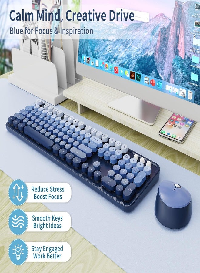 Nowlike Wireless Keyboard and Mouse Set, Full-Size Typewriter Keyboard with Retro Round Keycaps, Ergonomic Design, Compatible with Windows PCs, Ideal for Home and Office. (Blue) - Image 2