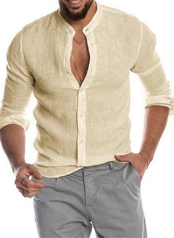 Loquat Men's Solid Flax Stand Collar Long Sleeve Shirt 