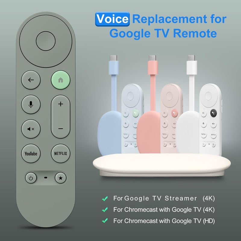 جهاز تحكم عن بعد لتلفزيون Google مع تحكم صوتي لأحدث إصدار من Google Chromecast TV باللون الرمادي-الأخضر. - Image 2