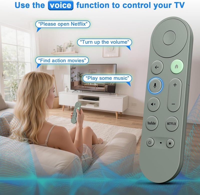 جهاز تحكم عن بعد لتلفزيون Google مع تحكم صوتي لأحدث إصدار من Google Chromecast TV باللون الرمادي-الأخضر. - Image 4