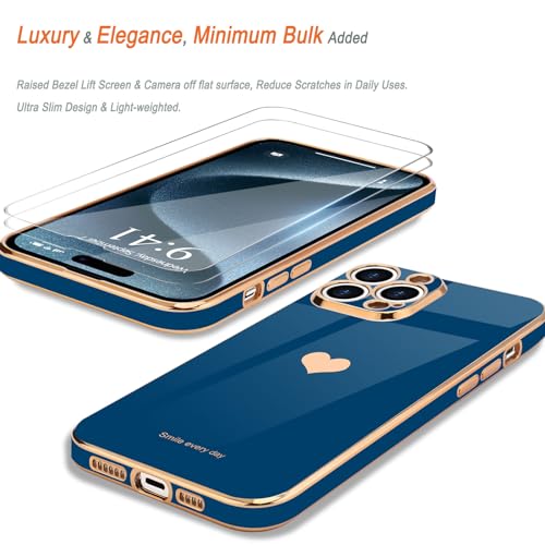 Teageo for iPhone 15 Pro Case with Screen Protector [2 Pack] Girl Women Cute Girly Love-Heart Luxury Gold Soft Cover Camera Protection Silicone Shockproof Phone Case for iPhone 15 Pro, Royal Blue - Image 3