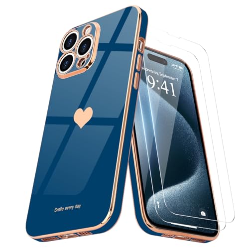 Teageo for iPhone 15 Pro Case with Screen Protector [2 Pack] Girl Women Cute Girly Love-Heart Luxury Gold Soft Cover Camera Protection Silicone Shockproof Phone Case for iPhone 15 Pro, Royal Blue - Image 1
