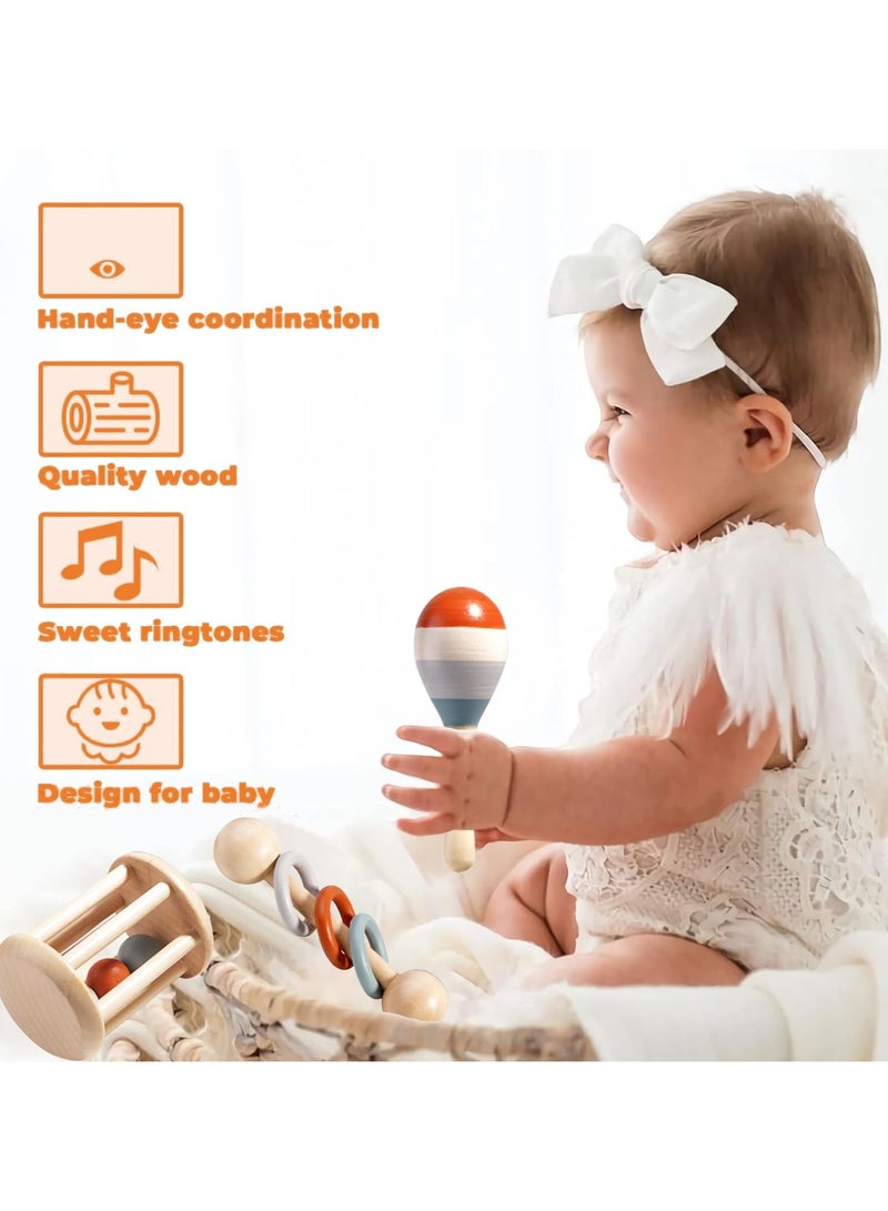 Montessori Wooden Toys for Baby, Wooden Baby Rattle Toys Set, 5pcs Wooden Music Alinstrument Toys with Trumpet, Maracas, Castanets, Three-Ring Rattle, Cage Rattles, Montessori Toys for Babies  - Image 3