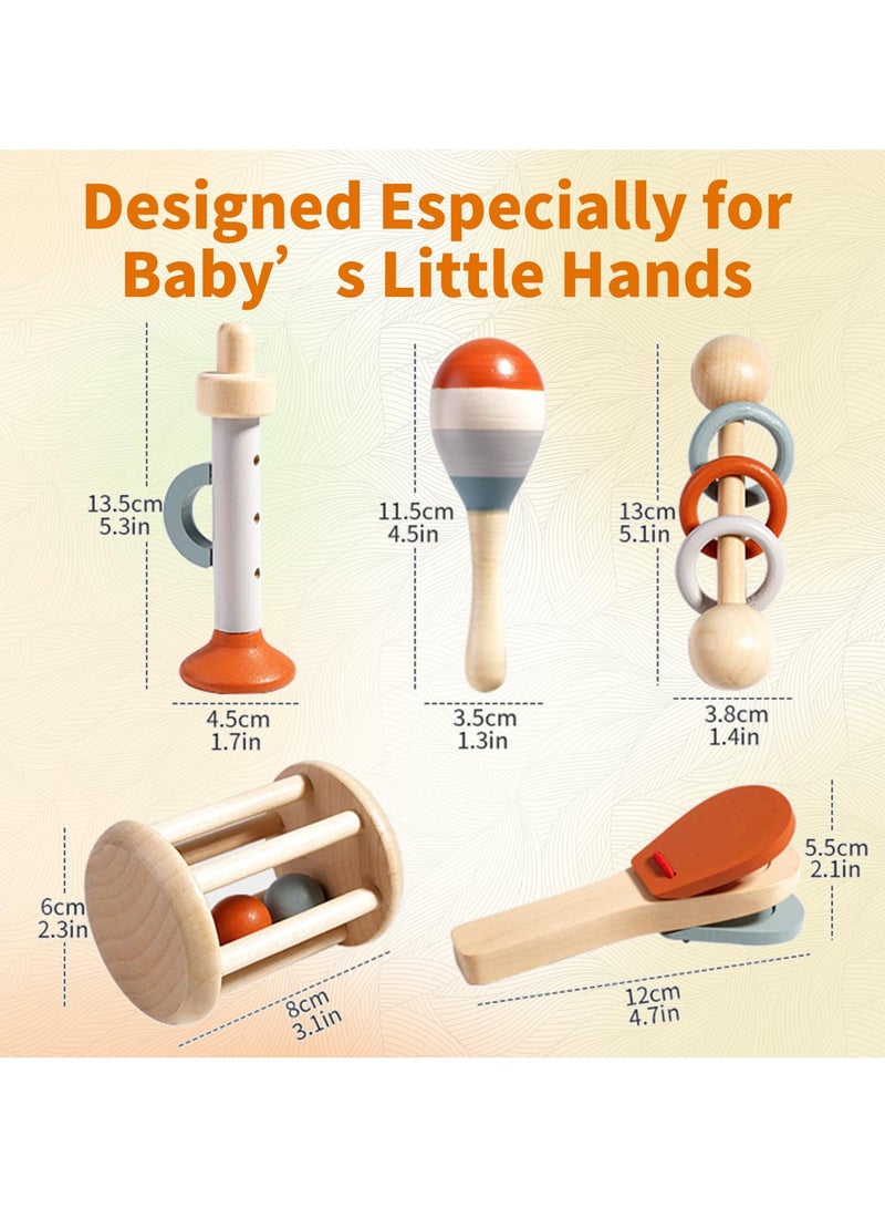 Montessori Wooden Toys for Baby, Wooden Baby Rattle Toys Set, 5pcs Wooden Music Alinstrument Toys with Trumpet, Maracas, Castanets, Three-Ring Rattle, Cage Rattles, Montessori Toys for Babies  - Image 5