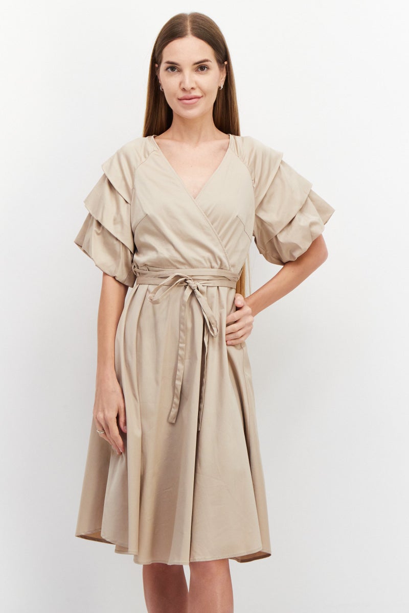 VERO MODA فستان ميدي بسيط للنساء، تان - Image 1