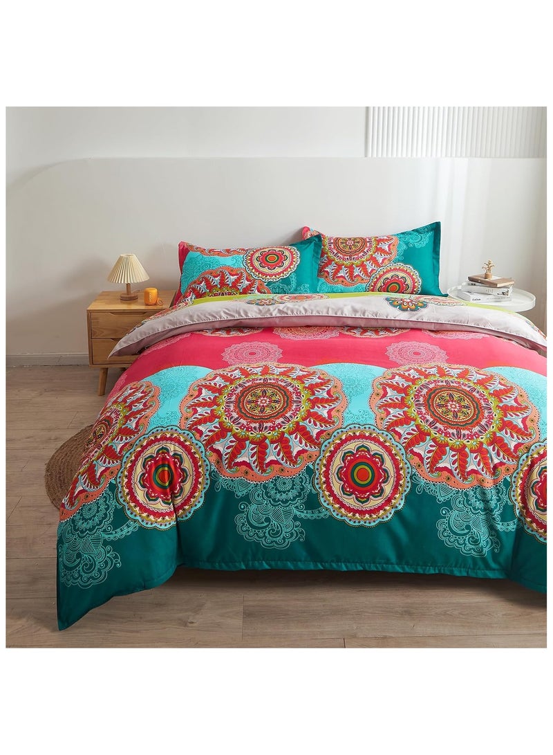 Pangzi Bohemian Duvet Cover Set Lightweight Microfiber Bedding Set Boho Floral Print Comforter Cover with Zipper Closure (Queen)  Rose Pink - Image 1