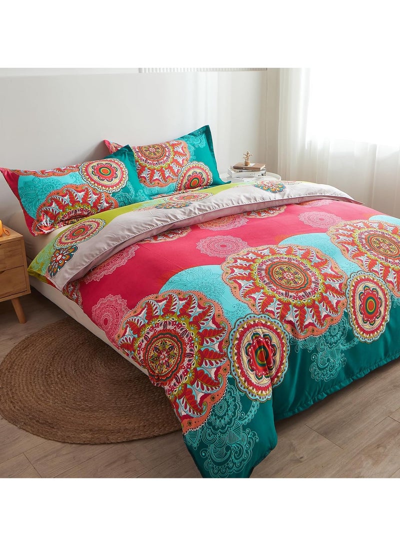 Pangzi Bohemian Duvet Cover Set Lightweight Microfiber Bedding Set Boho Floral Print Comforter Cover with Zipper Closure (Queen)  Rose Pink - Image 3